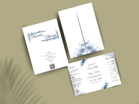 Blue Floral Wedding Itinerary Template, Save The Date Schedule Card, Elegant Navy Wedding Day Timeline, Printable Itinerary Invitation.WI175