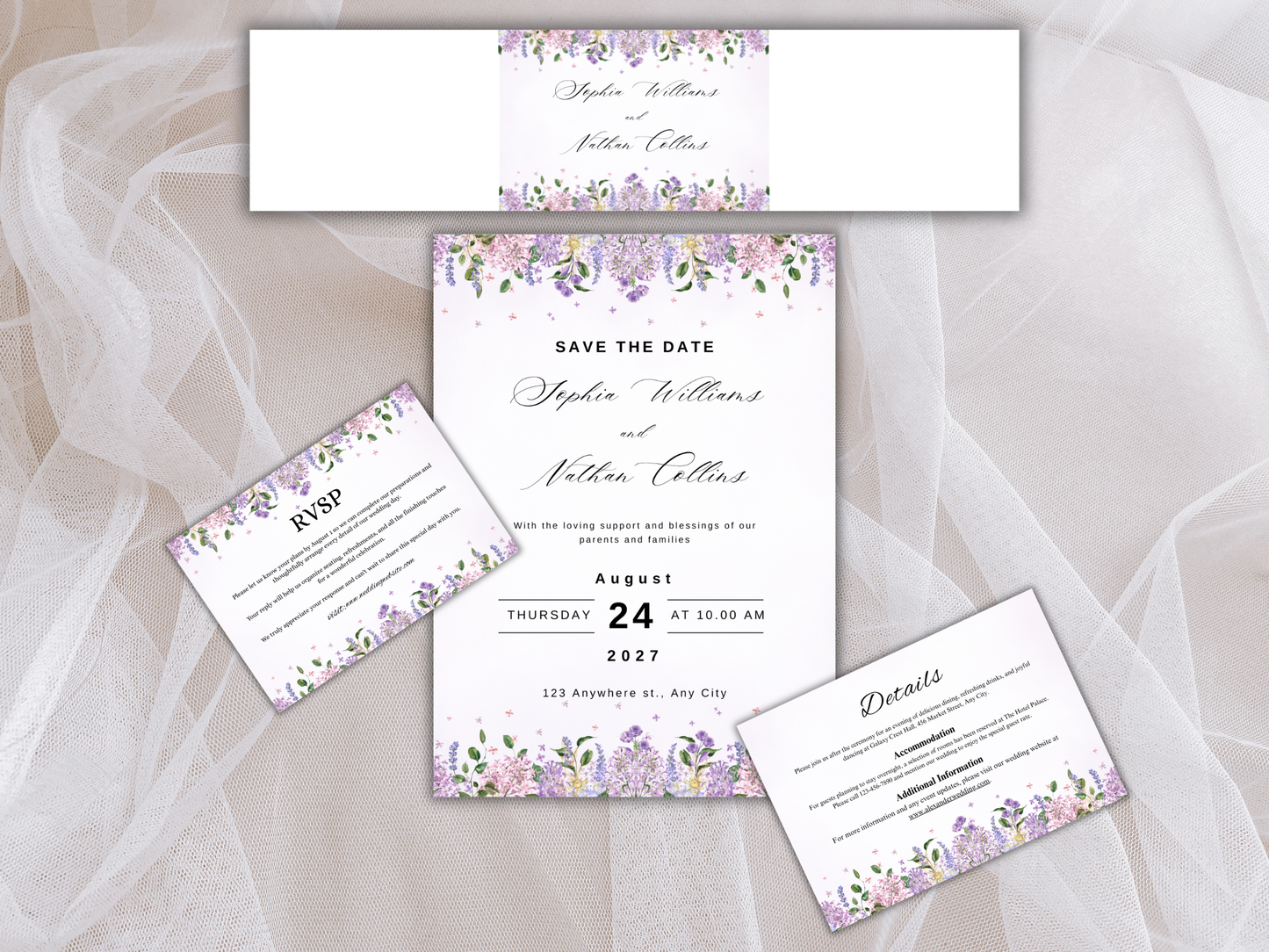 Floral Wedding Invitation, RSVP, Details, Bottle Label MTC392