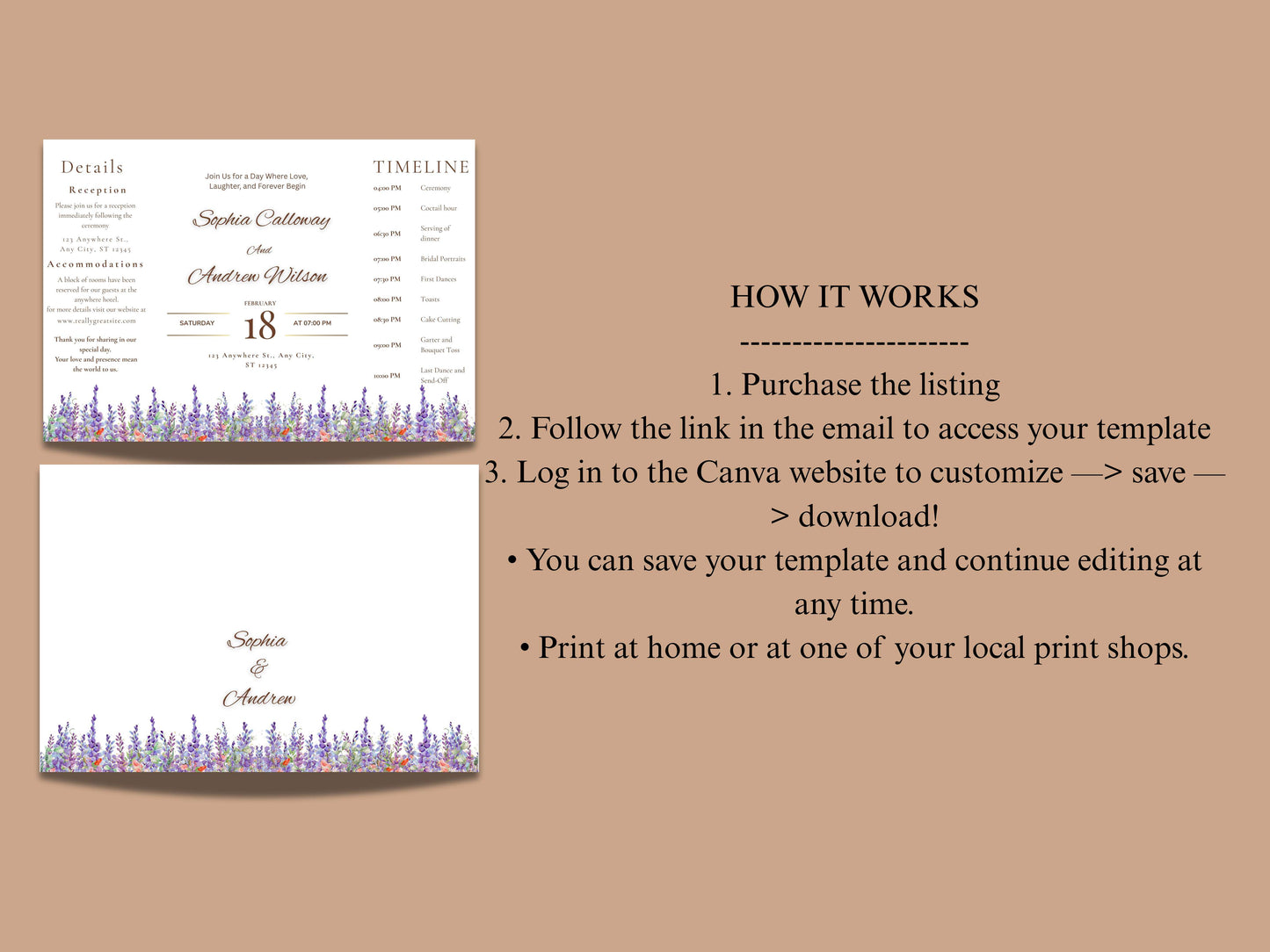Elegant Floral Wedding Invitation with Timeline & Details | Purple Lavender Watercolor Template | Printable Reception Card. WIB130