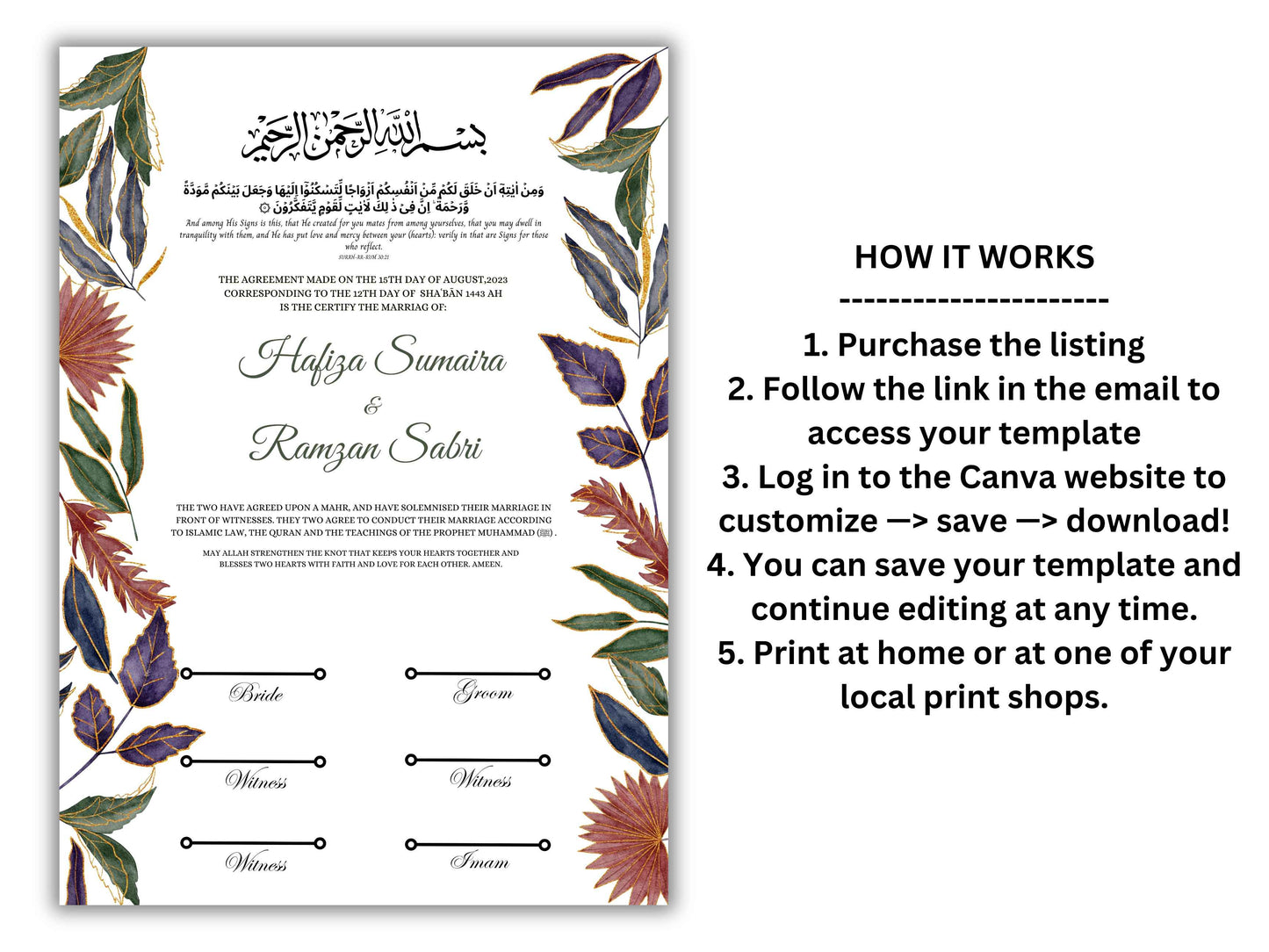 Nikkah Certificate Digital Download Personalised, A4, A3, Template, Editable, Nikkah Contract, Muslim Contract. NN232