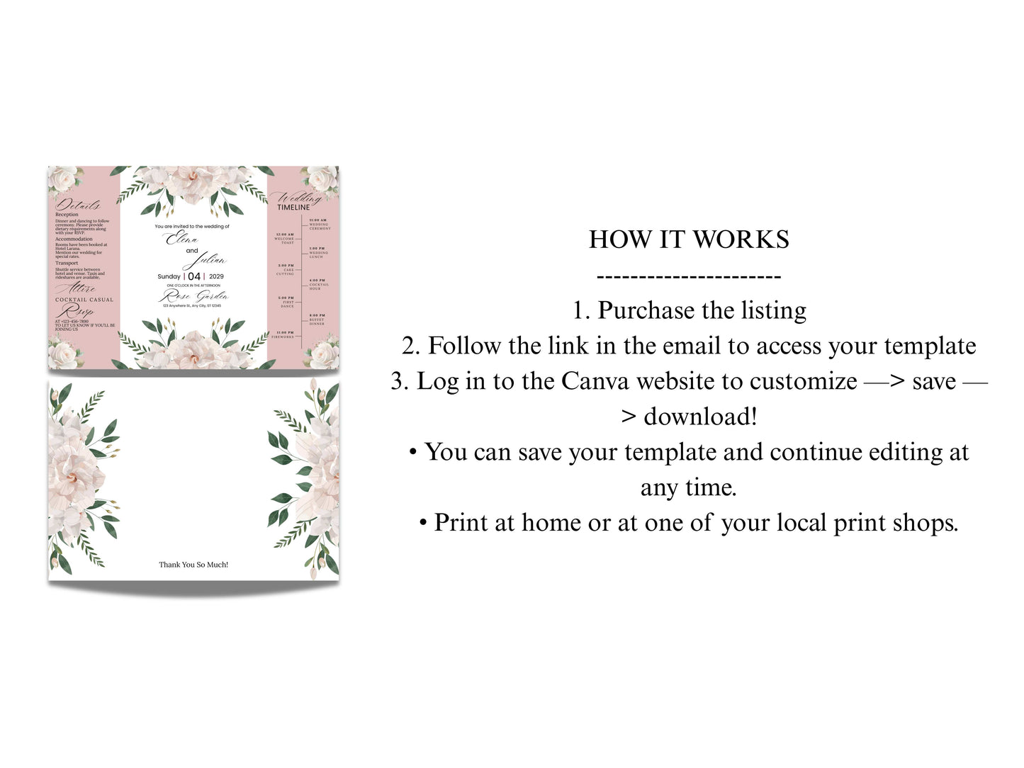 Gatefold Floral Wedding Invitation with Timeline – Rose Garden Theme | Gatefold Editable Invite | Editable Template. WIB120