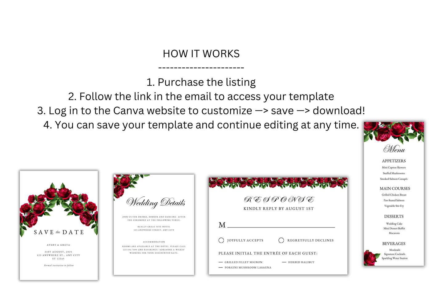 Red Rose Wedding Invitation set, Red Rose RSVP, Dark Red floral, Elegant Red Rose wedding Invitation, Details Editable, Menu Card, WT39