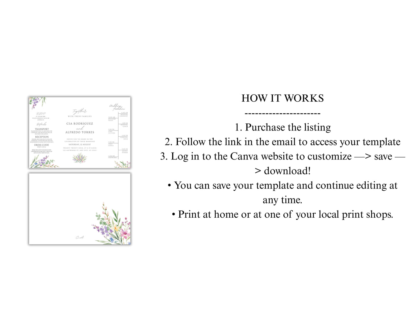 Elegant Floral Gatefold Wedding Invitation | Modern Minimalist Invite | Rustic Boho Wedding Card with Timeline & RSVP Details. WI131