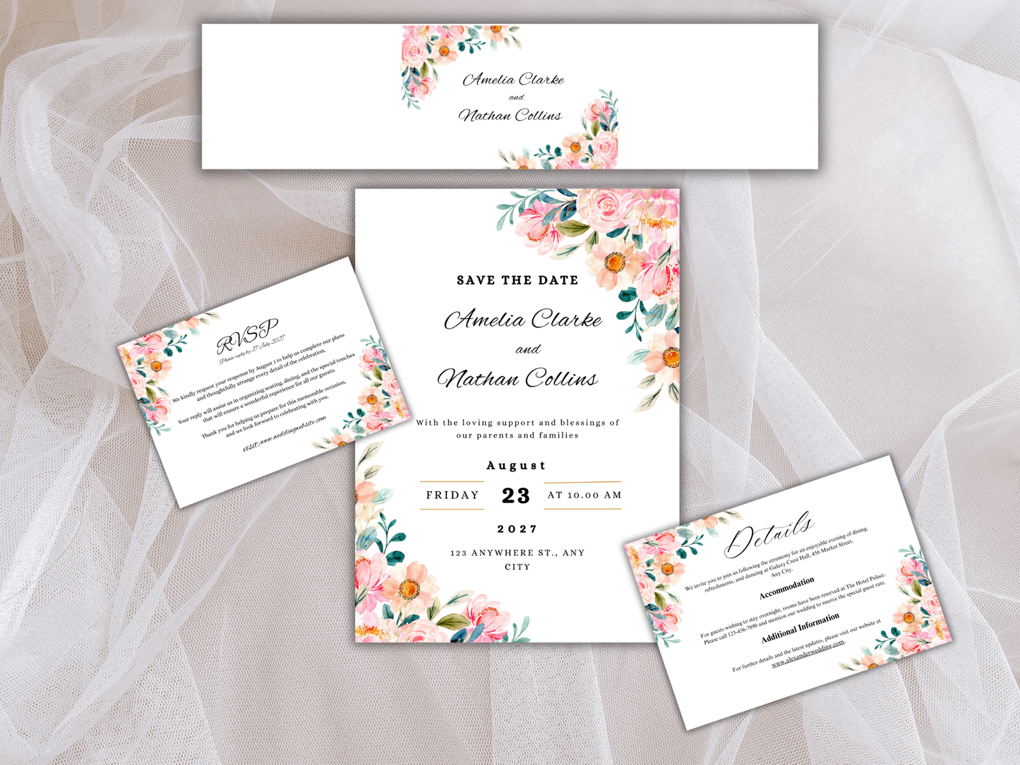 Wedding Invitation, Floral Menu, RSVP, Details Card, Bottle label MTC382