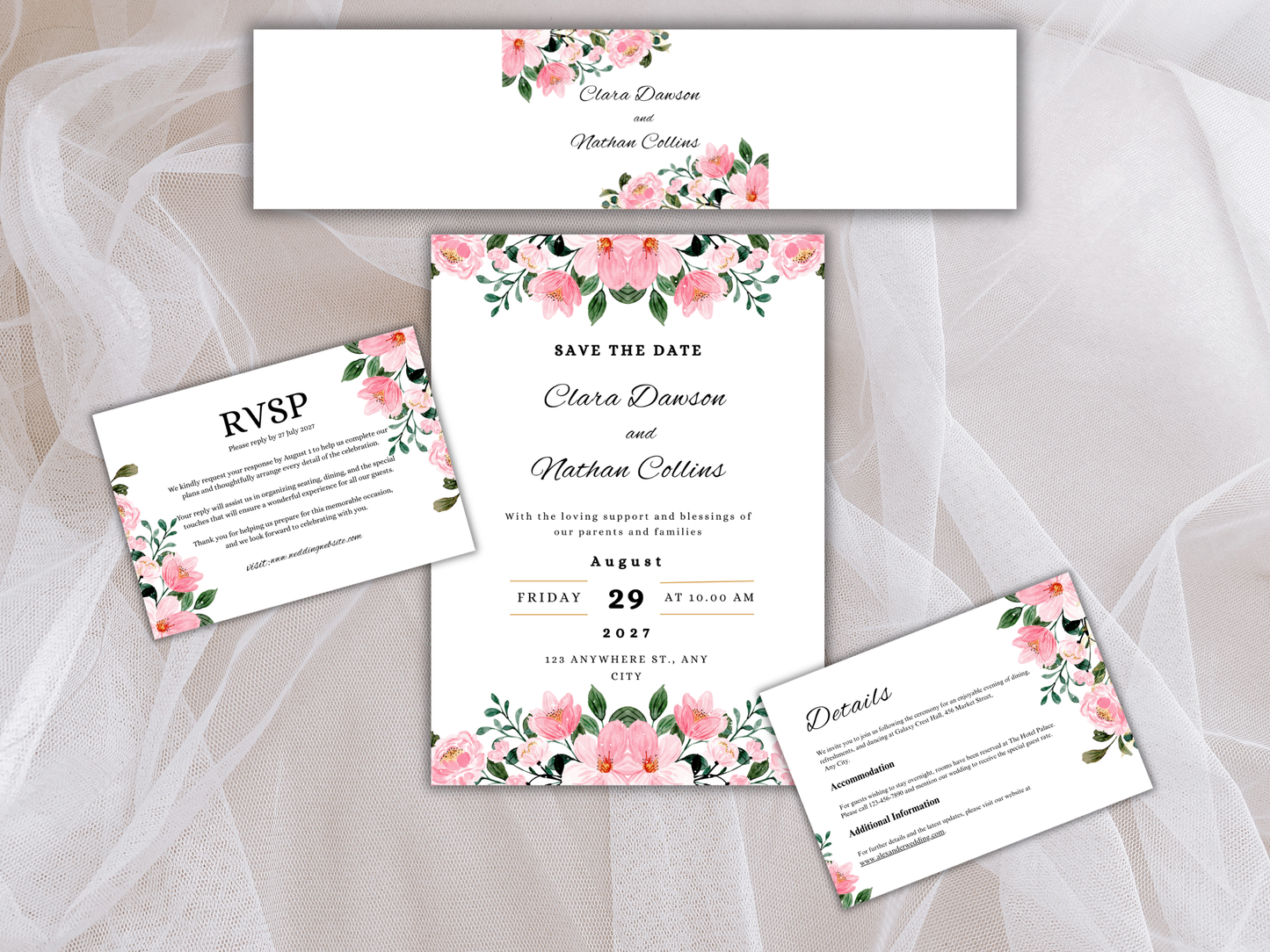 Wedding Invitation, Floral Menu, RSVP, Details Card, Bottle label MTC384