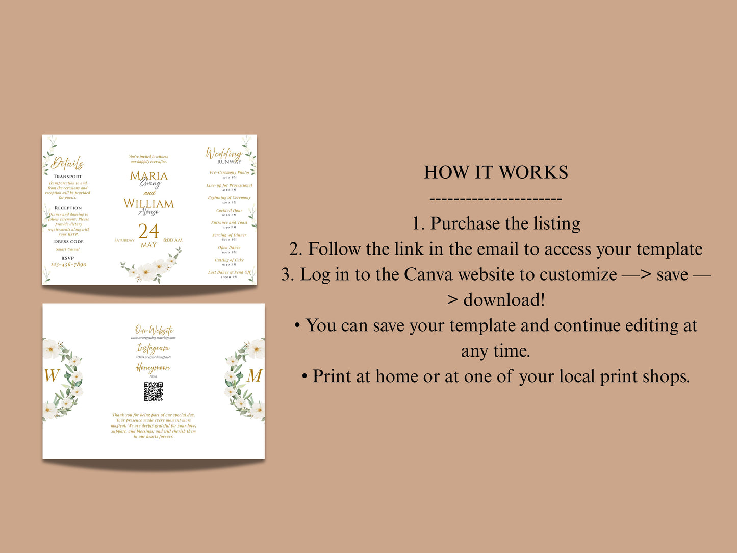 Elegant Gatefold Wedding Invitation Template | Floral Folded Invite | Printable Ceremony Card | Modern Wedding Schedule. WIB126