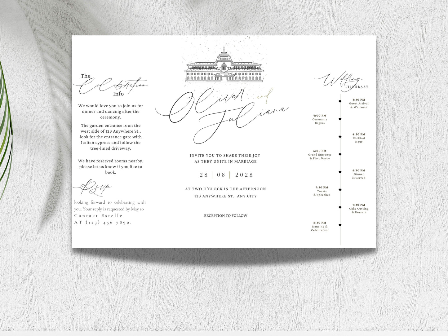 Elegant Gatefold Wedding Invitation | Modern Black & White Folded Invite | Printable Wedding Suite | RSVP and Itinerary Template. WI135