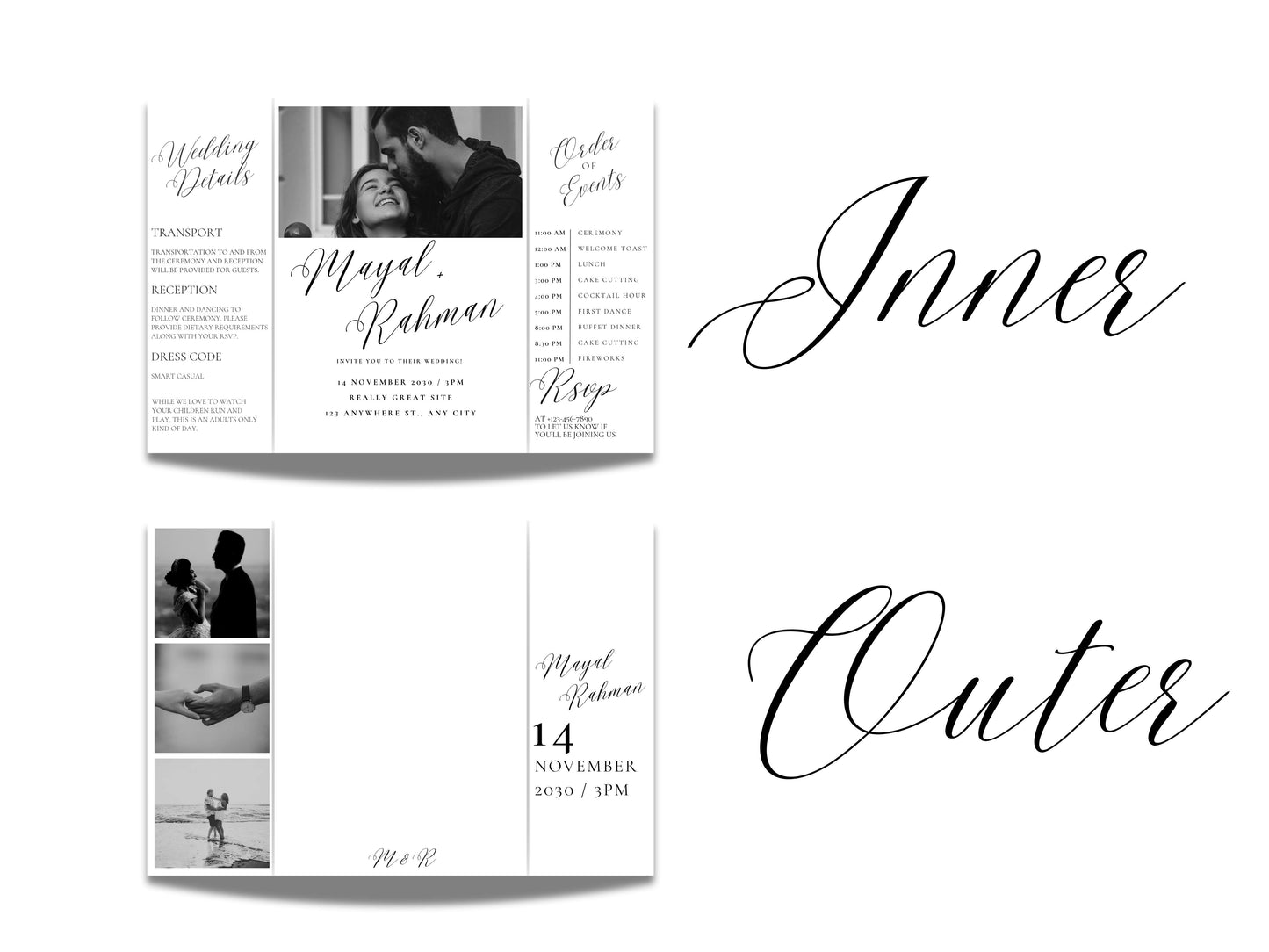Gatefold Wedding Invitation Template | Elegant Black & White Folded Invite with RSVP Timeline | Printable Wedding Card with Photo. WEIB123