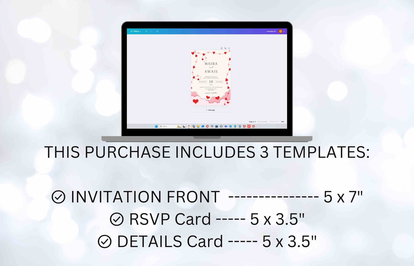 Romantic Wedding Invitation Template, Wedding Invitations Valentine Suite, RSVP, Detail Card, Red Hearts Invitation, Pink Heart Invite. WI97