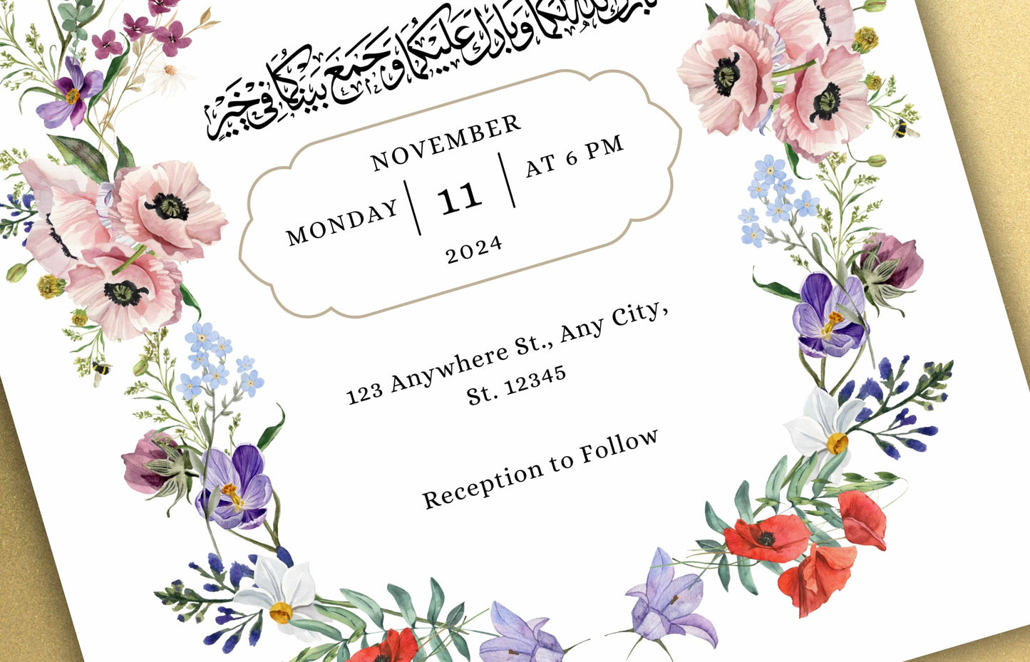 Nikkah Invitation Template, Spring Wedding Card, Floral Muslim Wedding Invite, Editable Nikkah Invitation Template, Nikkah Invitation. WT51