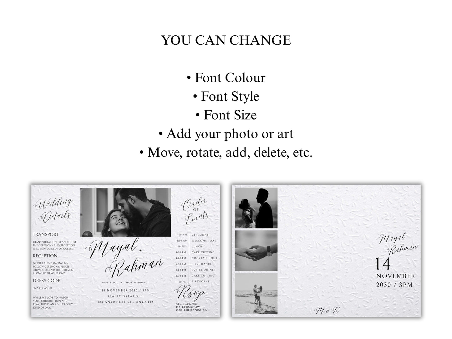 Gatefold Wedding Invitation Template | Elegant Black & White Folded Invite with RSVP Timeline | Printable Wedding Card with Photo. WEIB122