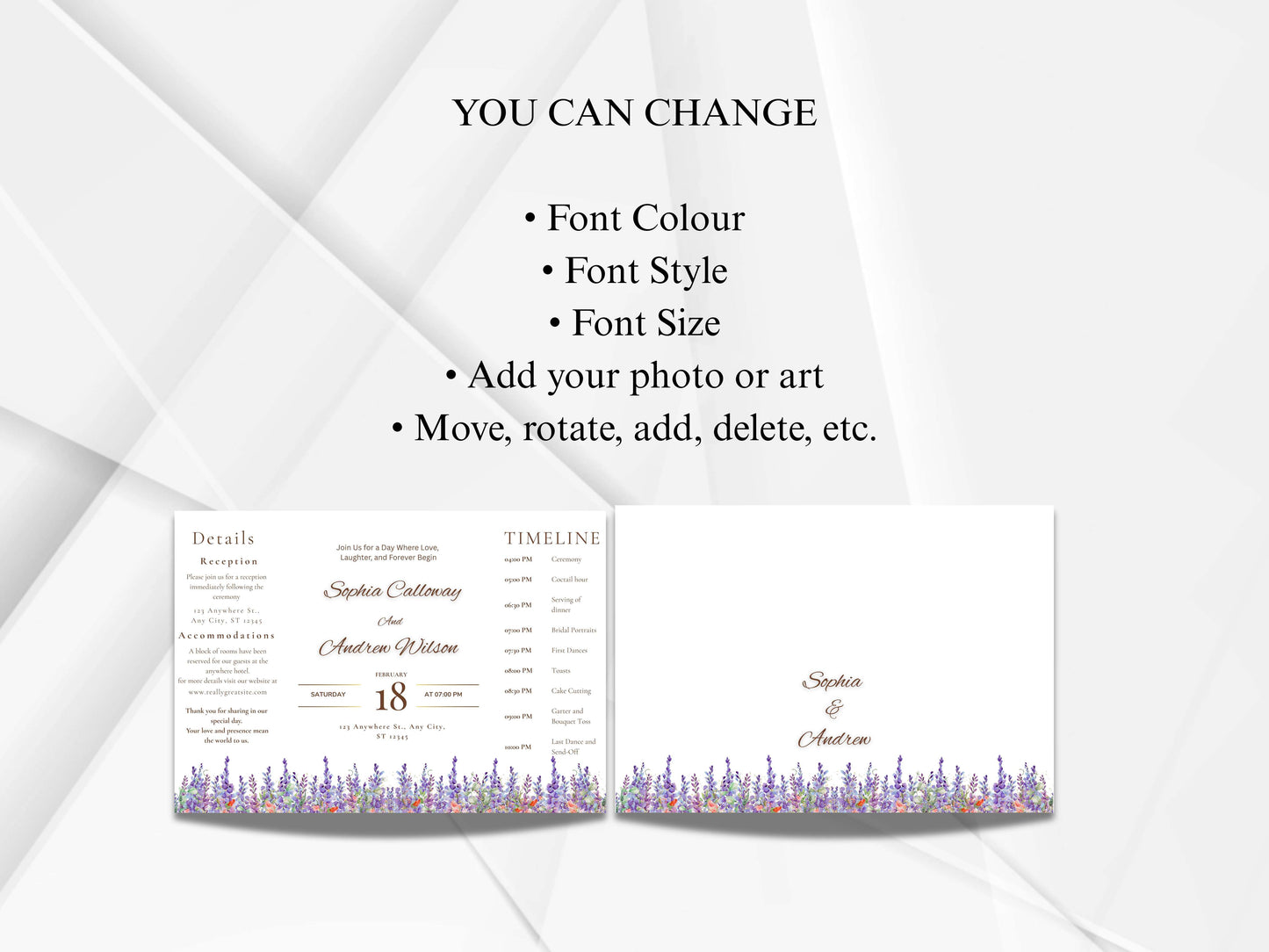 Elegant Floral Wedding Invitation with Timeline & Details | Purple Lavender Watercolor Template | Printable Reception Card. WIB130