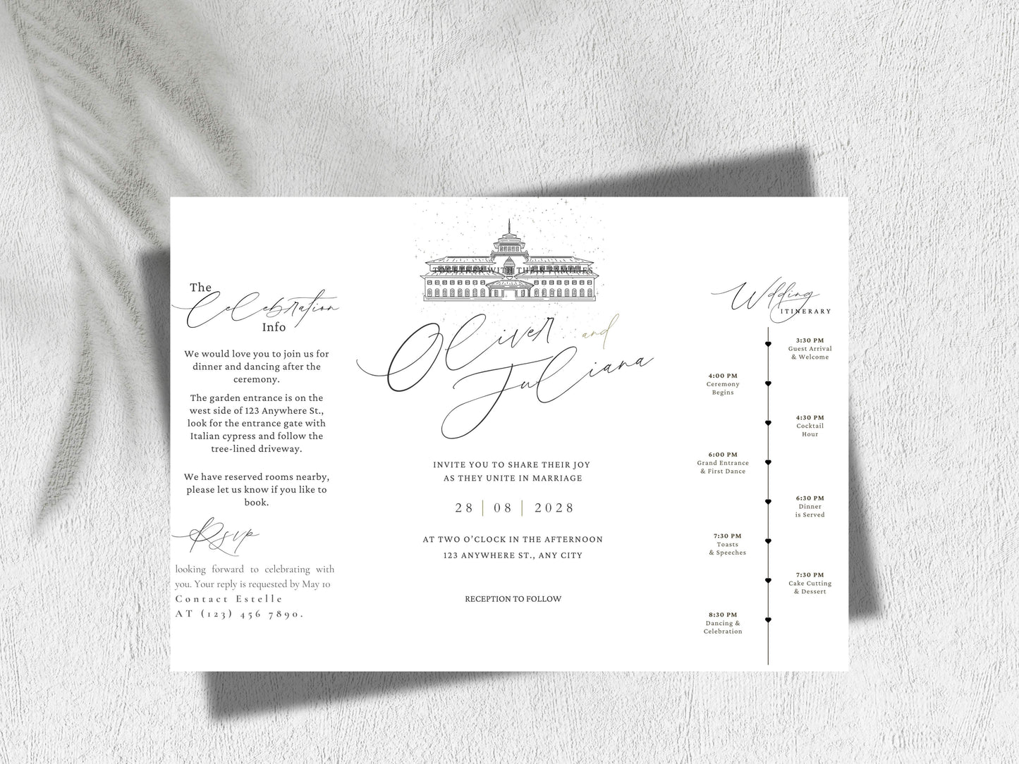 Elegant Gatefold Wedding Invitation | Modern Black & White Folded Invite | Printable Wedding Suite | RSVP and Itinerary Template. WI135