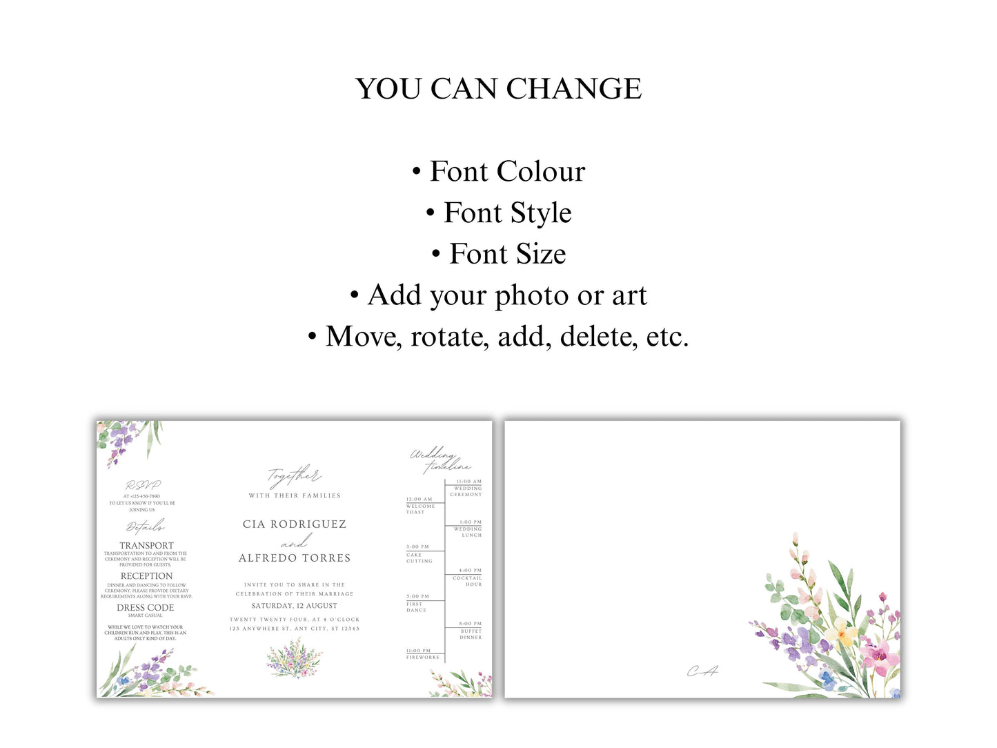 Elegant Floral Gatefold Wedding Invitation | Modern Minimalist Invite | Rustic Boho Wedding Card with Timeline & RSVP Details. WI131