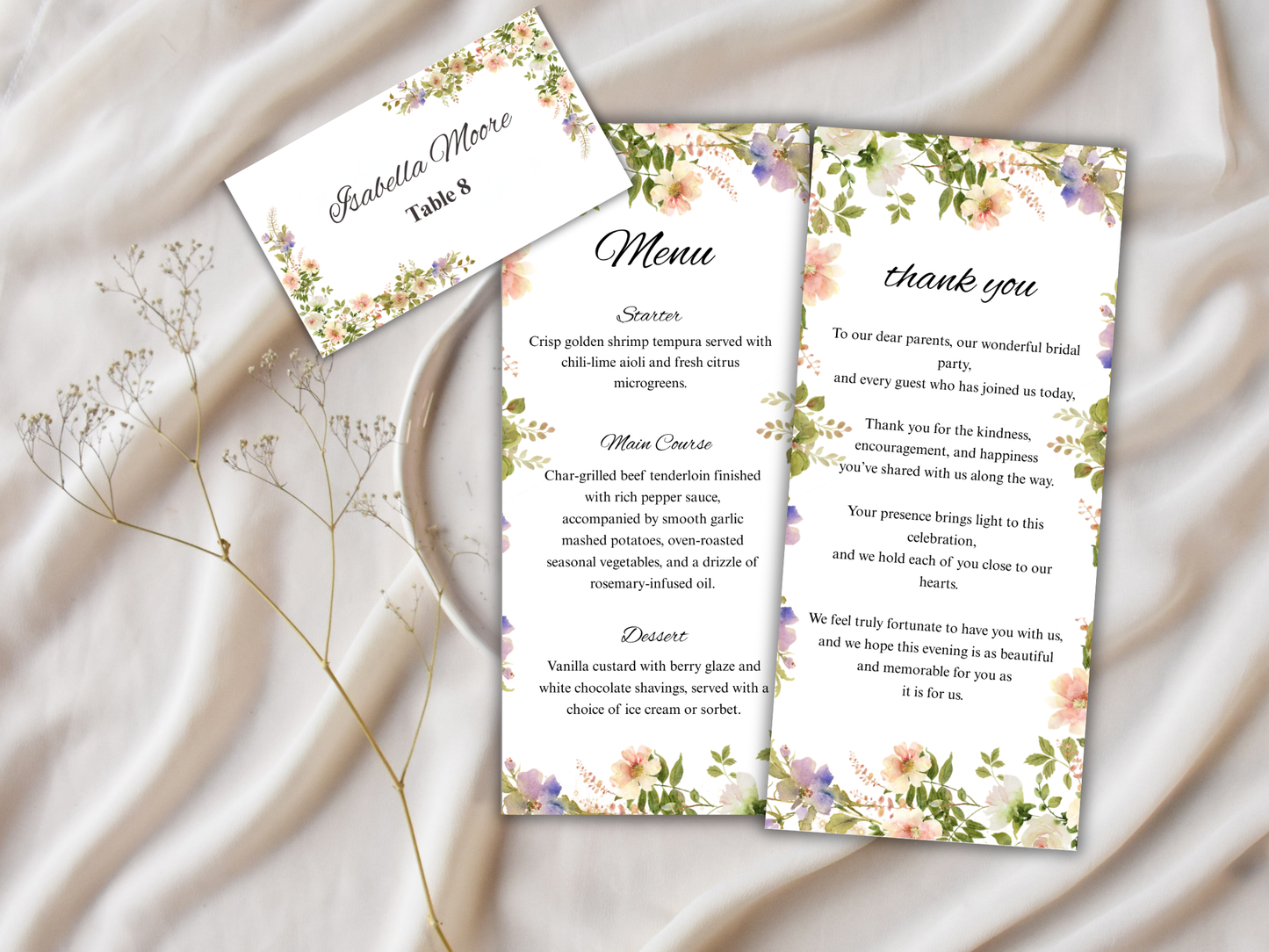 Wedding Thank you Card, Menu Card, Table Card. WI294