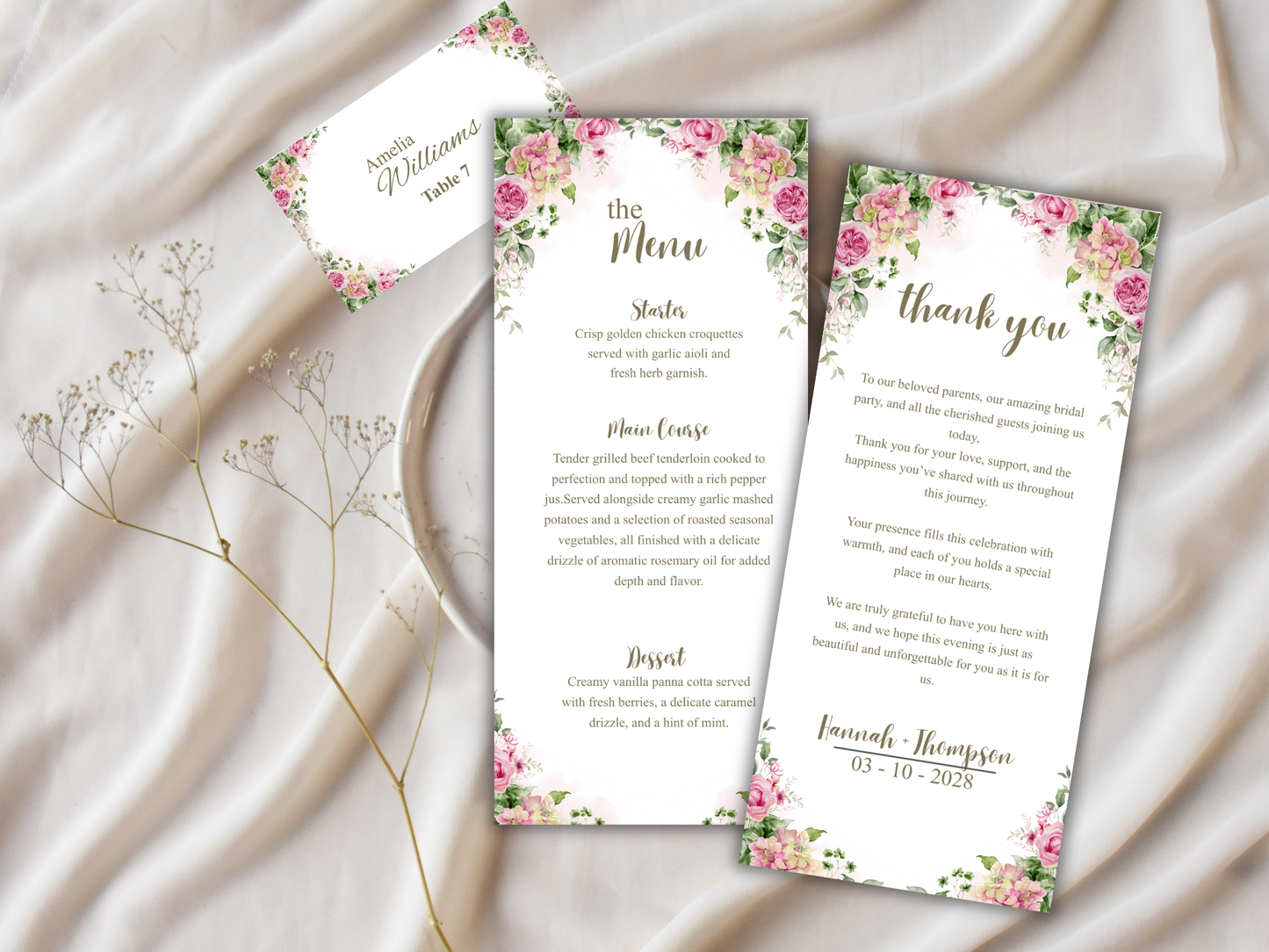 Wedding Thank you Card, Menu Card, Table Card. WI306