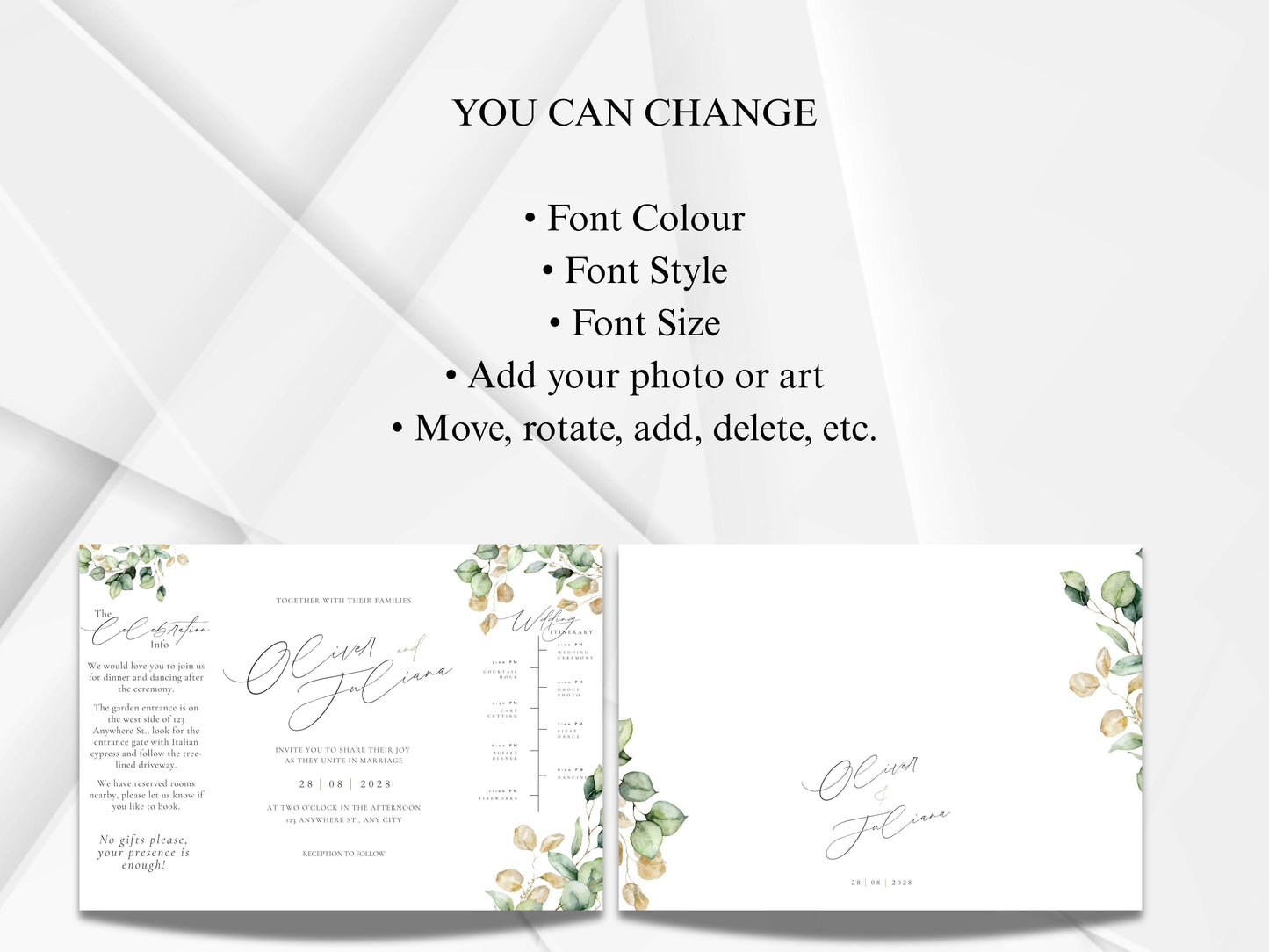 Gatefold Wedding Invitation Template | Green Folded Invite | Printable Ceremony Card | Modern Wedding Schedule Design. WIB127