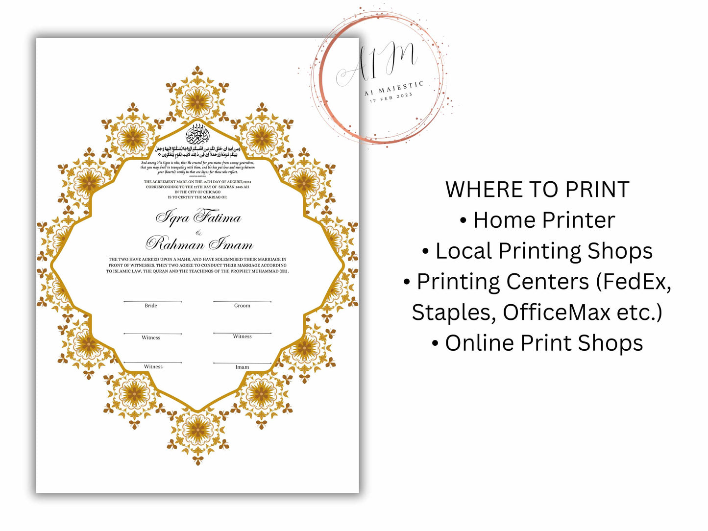 Nikkah Certificate Digital Download Personalised, A4, A3, Nikkah Contract, Muslim Nikkah Certificate Template, Instat Download. NN229