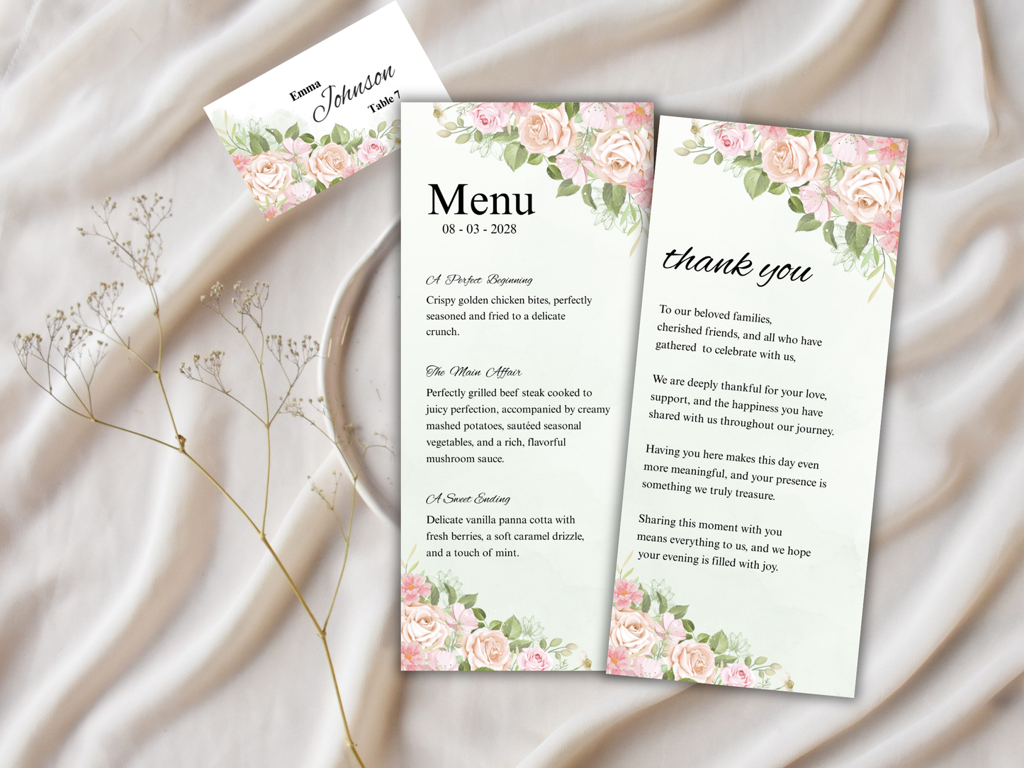 Wedding Thank you Card, Menu Card, Table Card. WI343