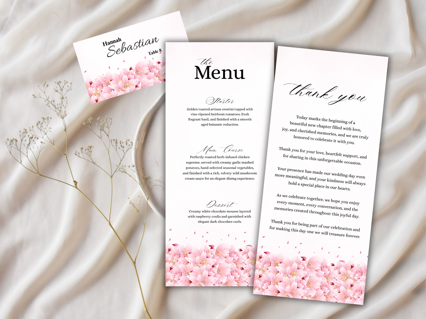 Cherry Blossom Wedding Menu, Table, Thank you, Editable Cards MTC420
