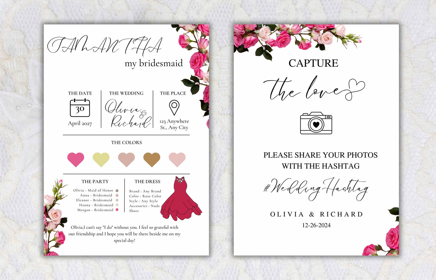 Pink Rose Wedding Invitation Bundle, Printable Wedding Invite, Editable Template, RSVP, Details, Bridesmaid Card, Menu Card, Digital. WT41