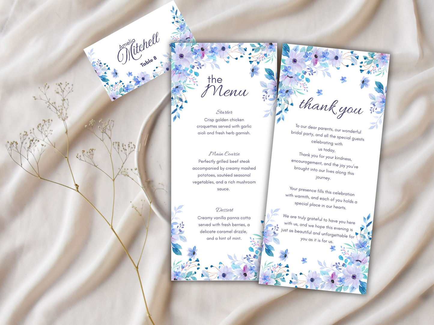 Wedding Thank you Card, Menu Card, Table Card. WI315