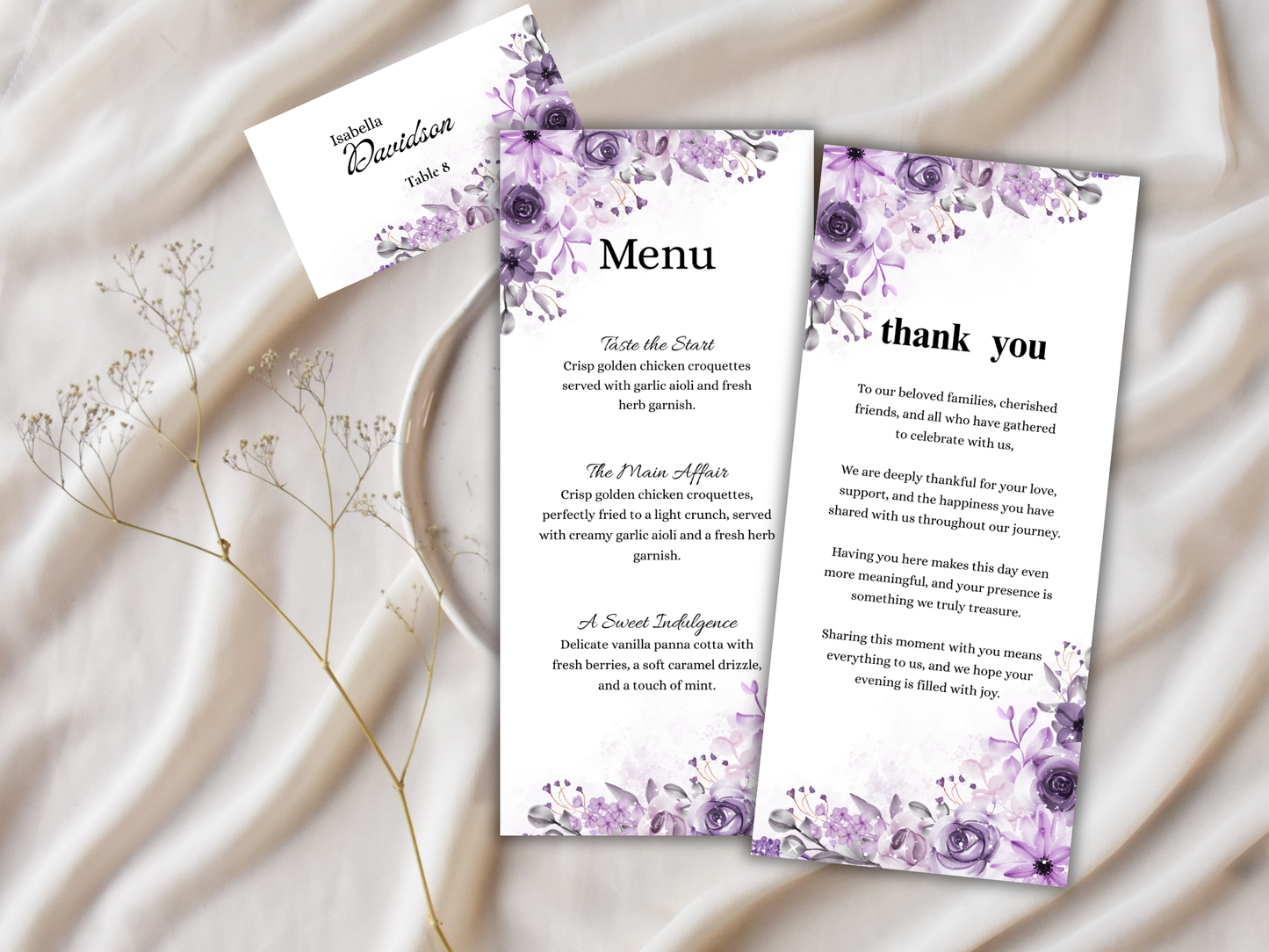 Wedding Thank you Card, Menu Card, Table Card. WI328
