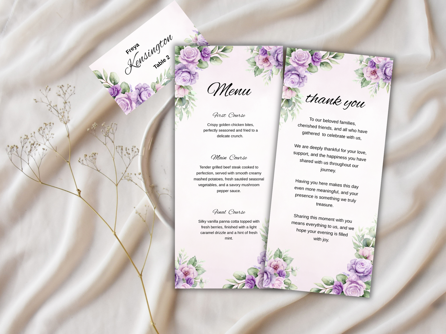 Wedding Thank you Card, Menu Card, Table Card. WI355