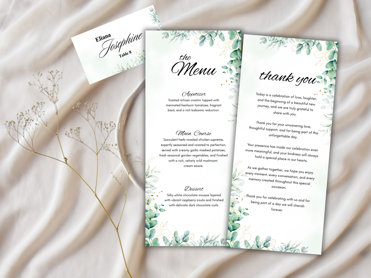 Sage Green Wedding Menu, Thank You & Table Cards, Editable Canva Template WI402