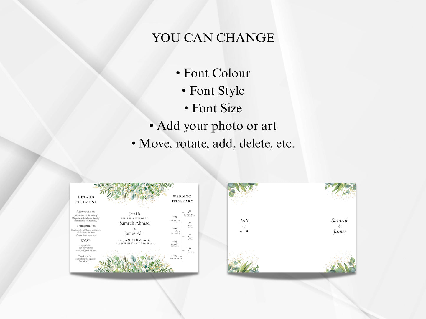 Greenery Gatefold Wedding Invitation | Printable Floral Invite | Gatefold Invite | Editable Template | Modern Wedding Itinerary | WIB128