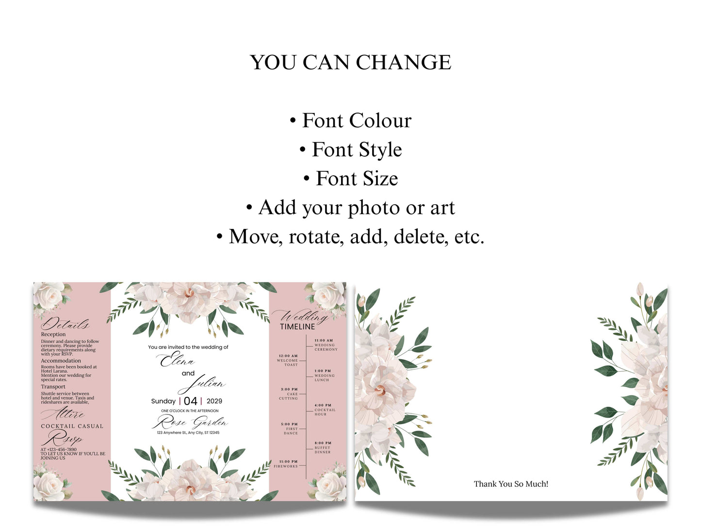 Gatefold Floral Wedding Invitation with Timeline – Rose Garden Theme | Gatefold Editable Invite | Editable Template. WIB120