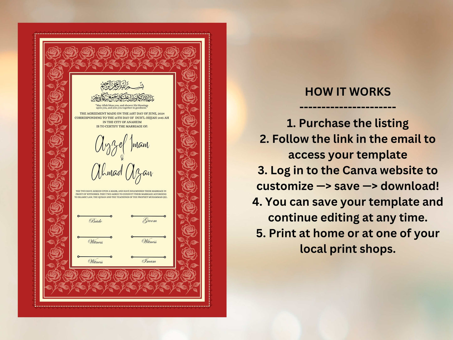 Rose Nikkah Certificate Template, Editable Nikkahnama, Printable Nikah Contract, Muslim Contract, Red Nikkah Islamic Marriage Contract.NN253
