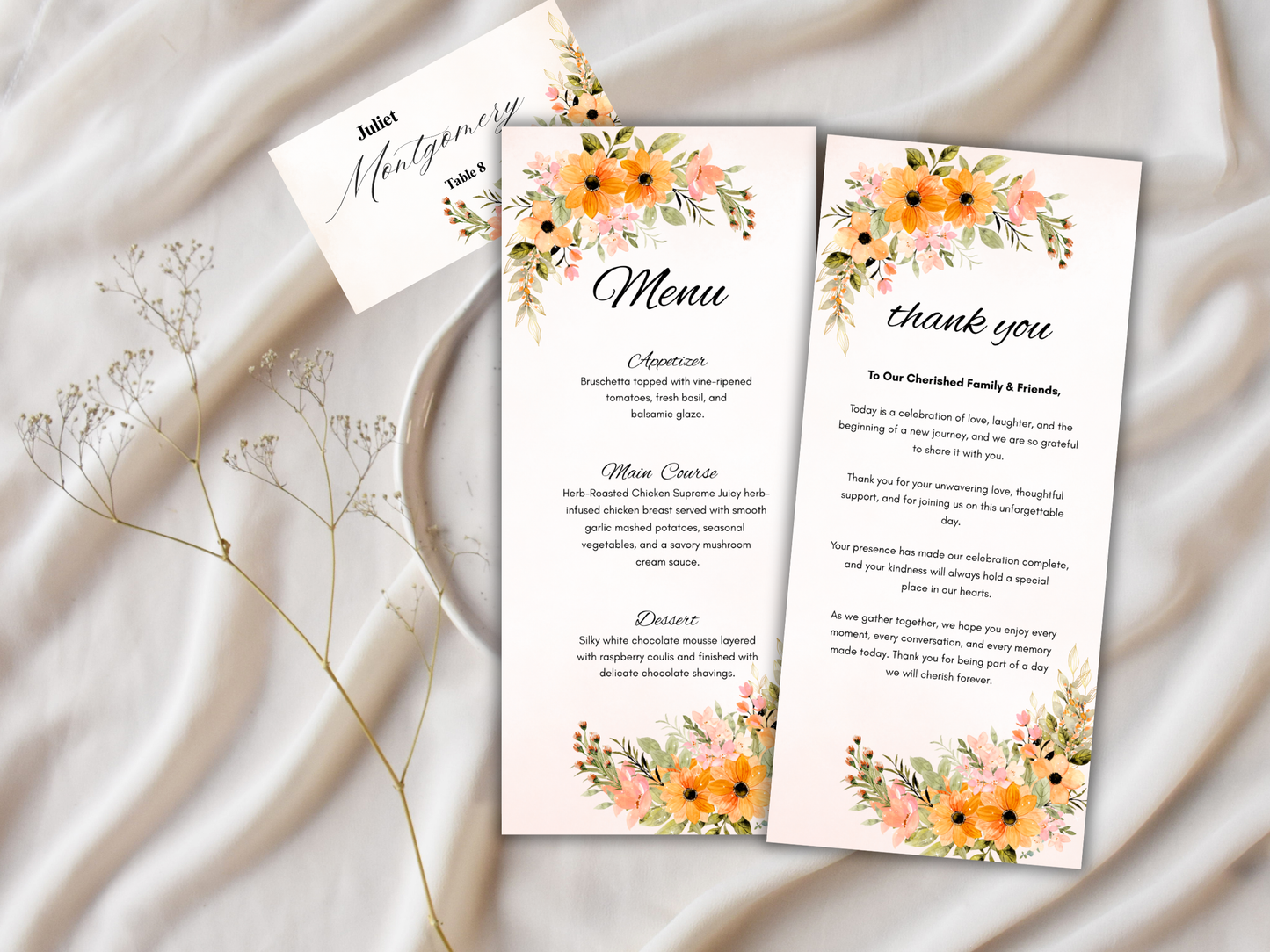 Floral Wedding Menu, Thank You & Table Cards, Instant Download WI394