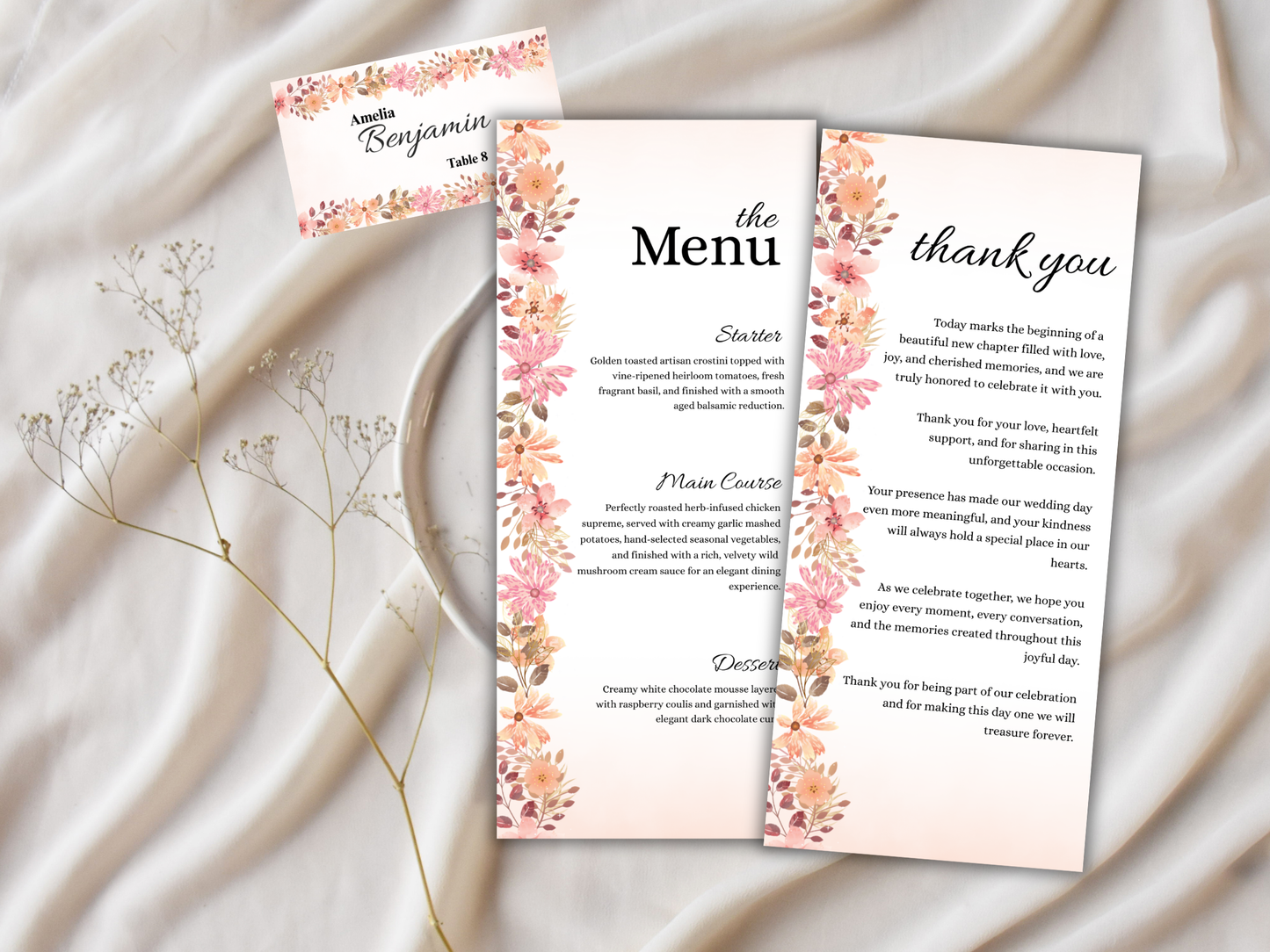 Boho Wedding Menu, Table, Thank you, Editable Cards MTC418