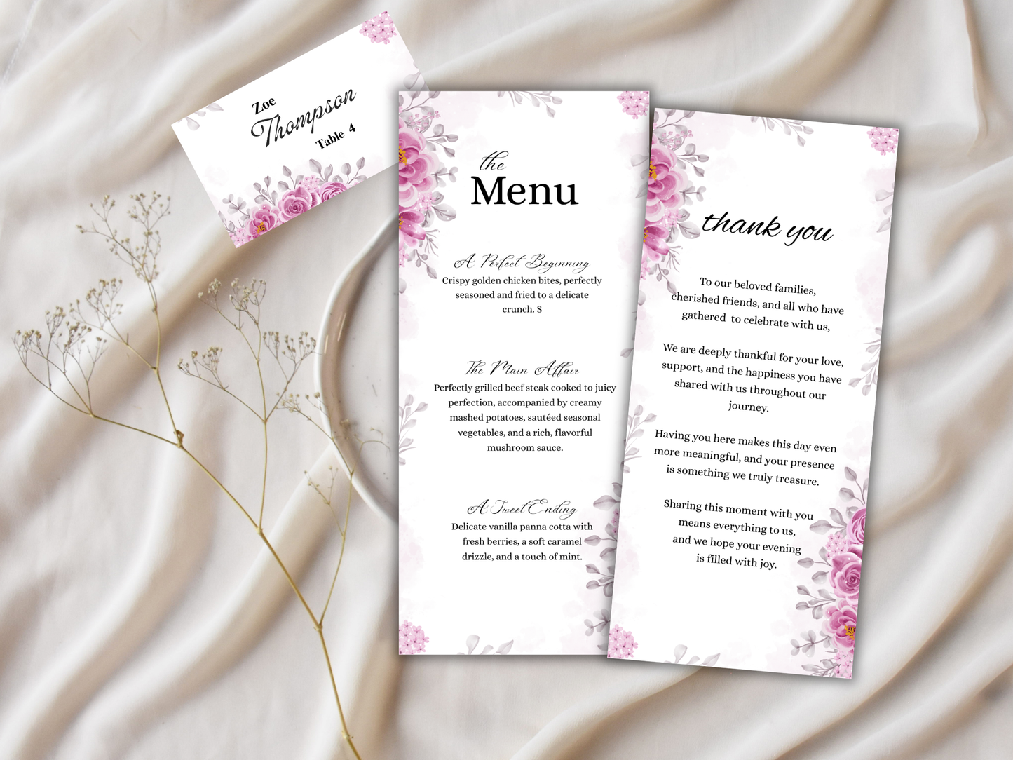 Wedding Thank you Card, Menu Card, Table Card. WI338