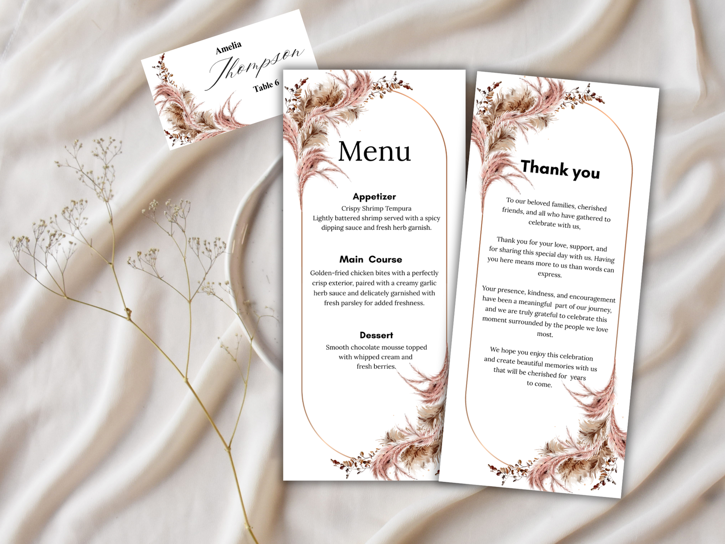 Boho Wedding Menu, Thank You, Table Cards (Editable Template) WI388