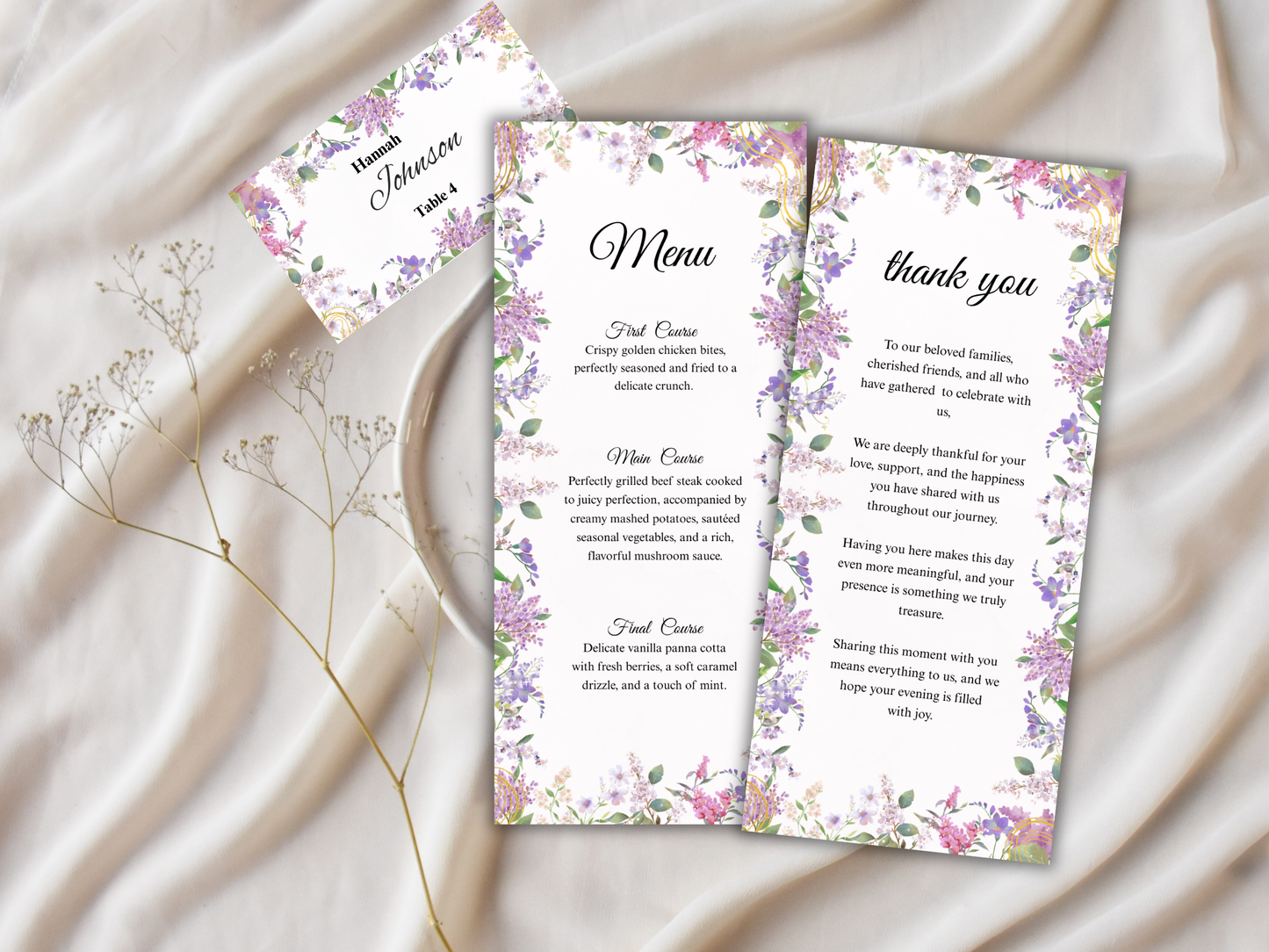 Wedding Thank you Card, Menu Card, Table Card. WI349