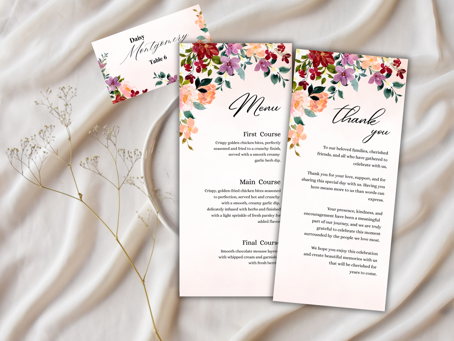 Burgundy Wedding Menu, Thank You, Table Cards (Editable Canva Template) WI380