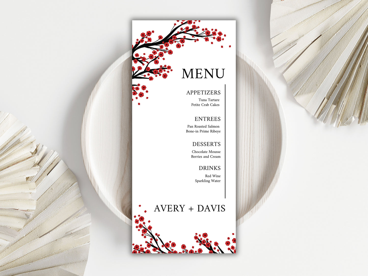 Red Floral Wedding Menu & Thank You Card Template .WI192