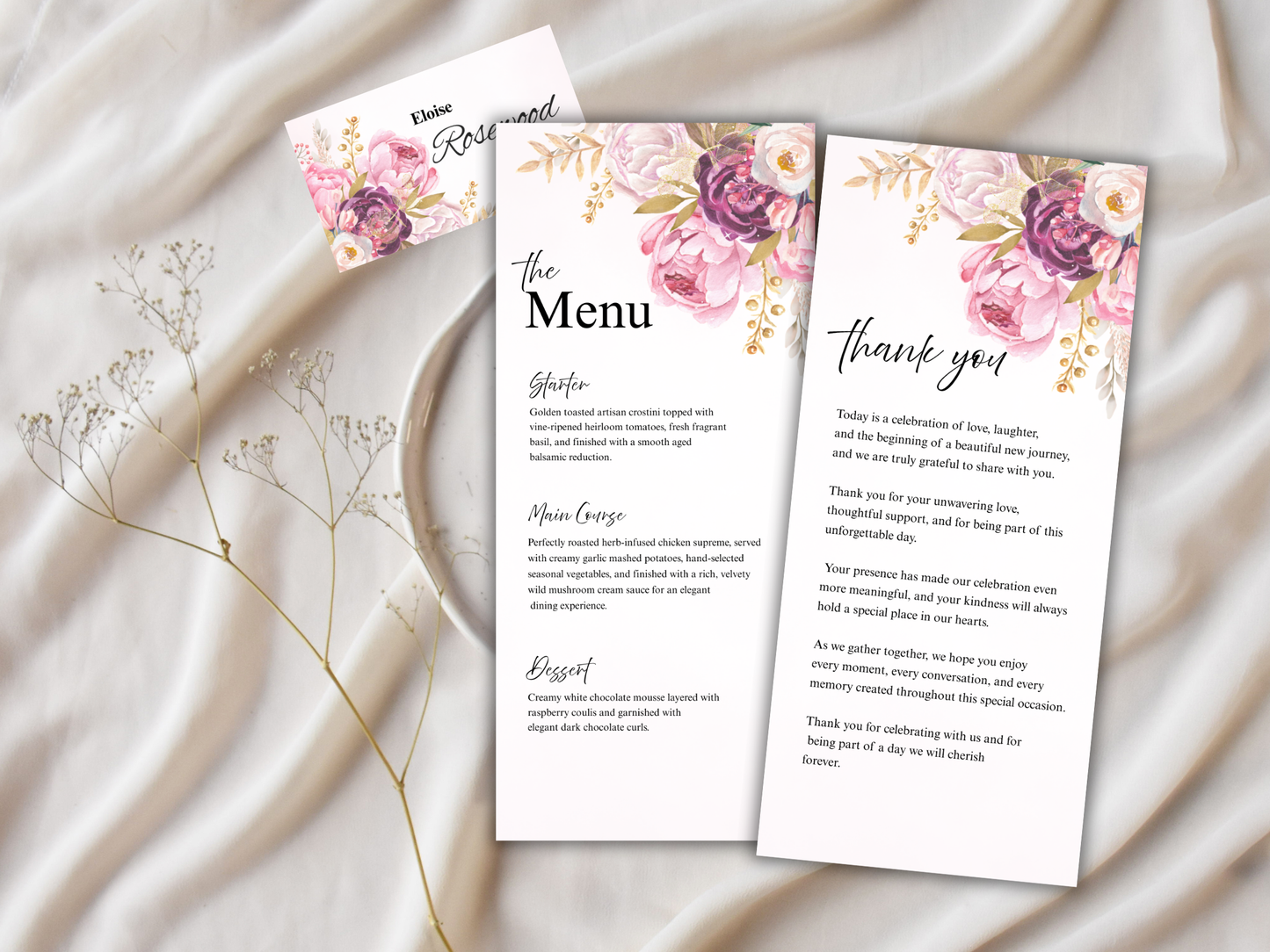 Elegant Reception Menu Template, Table, Thank you, Editable Templates MTC414