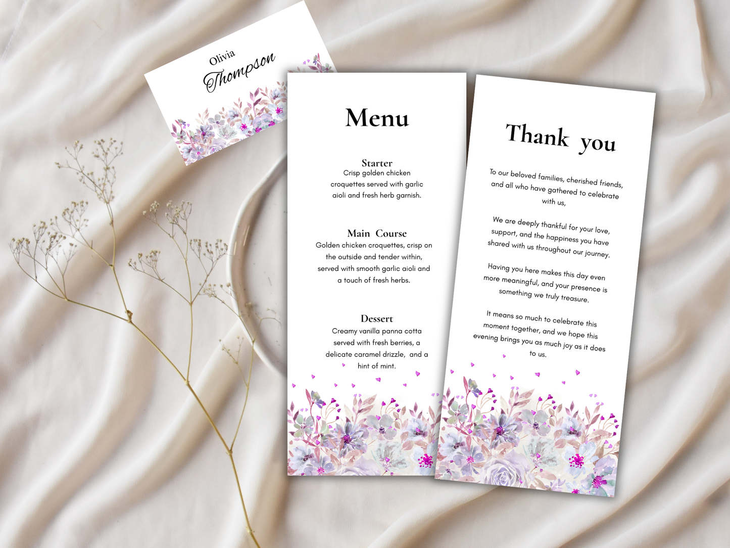 Wedding Thank you Card, Menu Card, Table Card. WI320