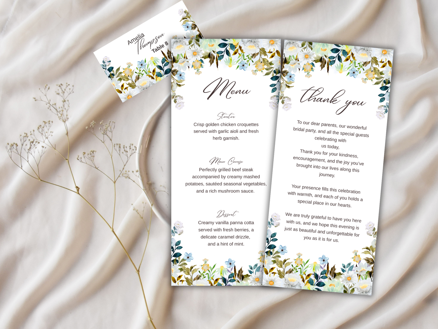 Wedding Thank you Card, Menu Card, Table Card. WI314