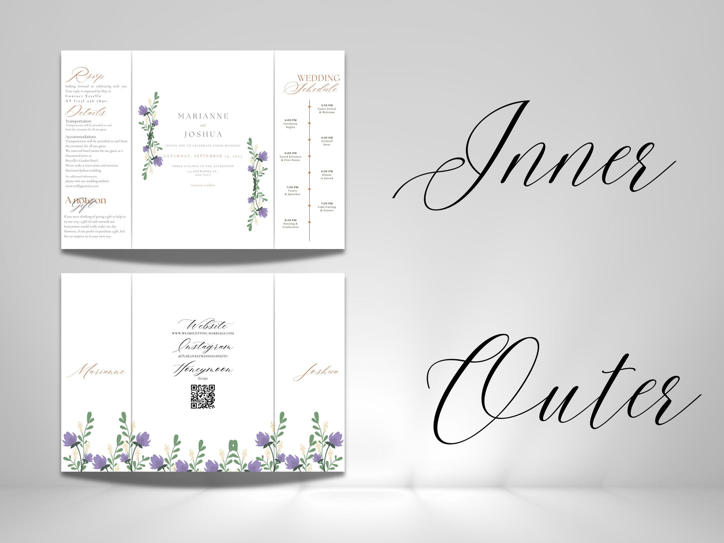 Elegant Floral Gatefold Wedding Invitation with Timeline | Rustic Folded Wedding Card | Botanical RSVP Invite | Digital WIB124