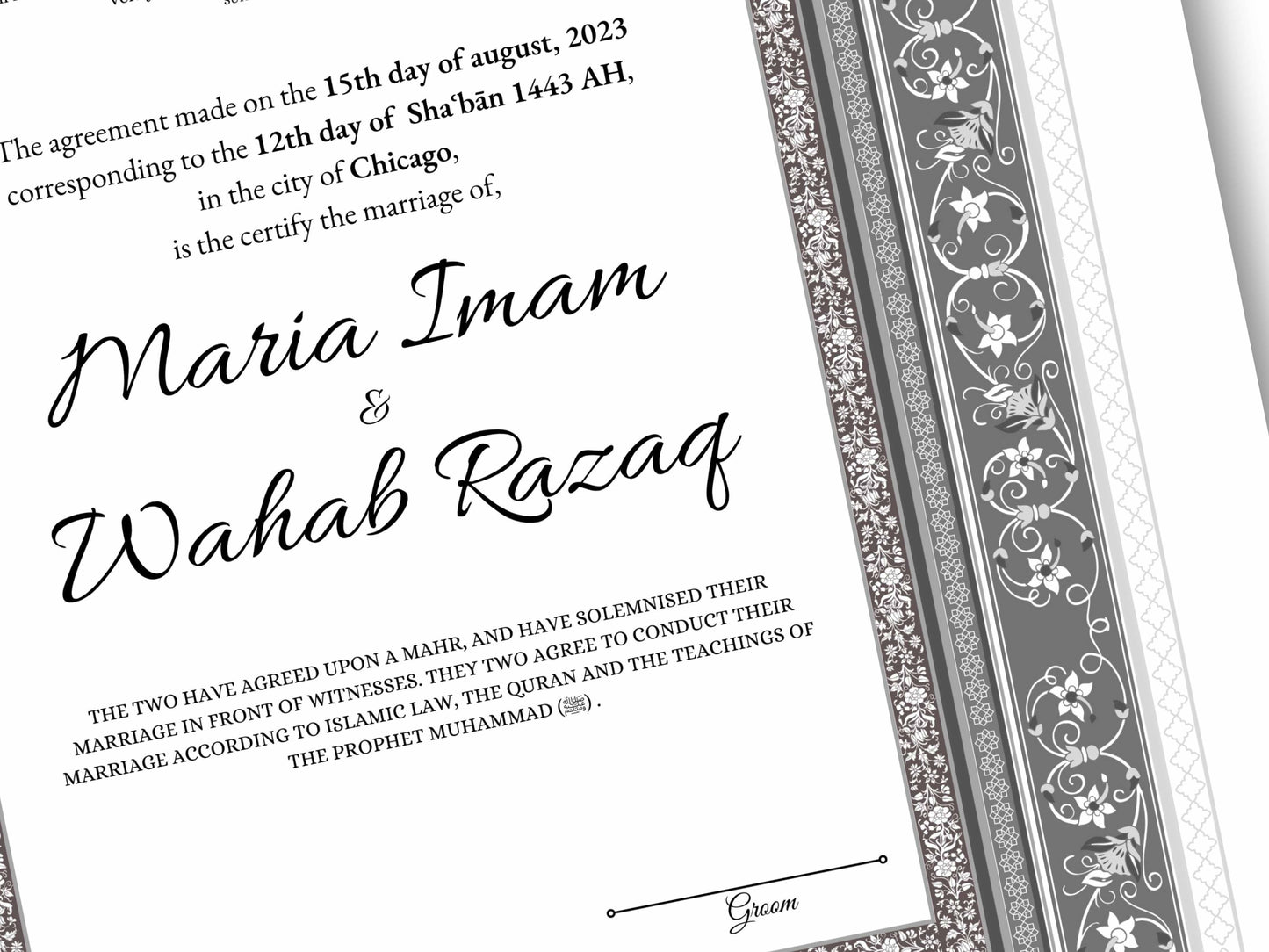 Luxury Nikkah Certificate, Premium A4 Islamic Wedding Contract, Nikkah Nama, Muslim Marriage Certificate, Personalised Names, A4, A3. NN173