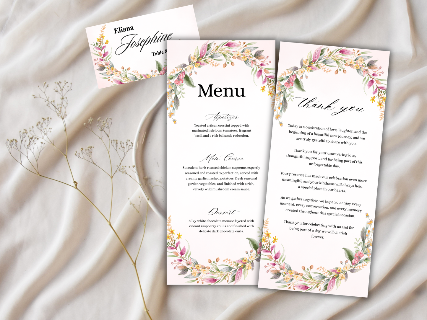 Floral Wedding Menu Card, Table, Thank you, Editable Canva Template, Instant Download MTC404