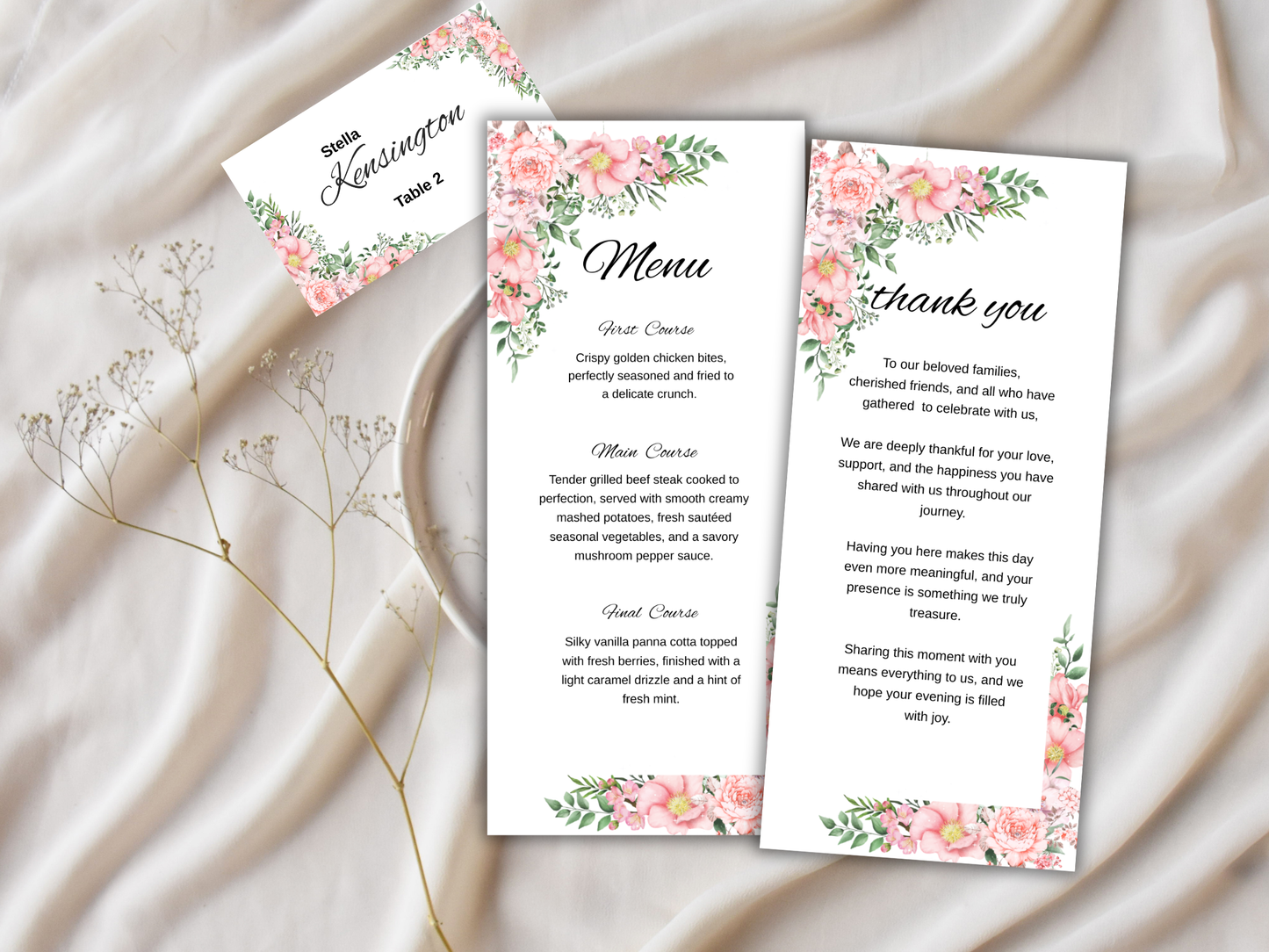 Wedding Thank you Card, Menu Card, Table Card. WI354