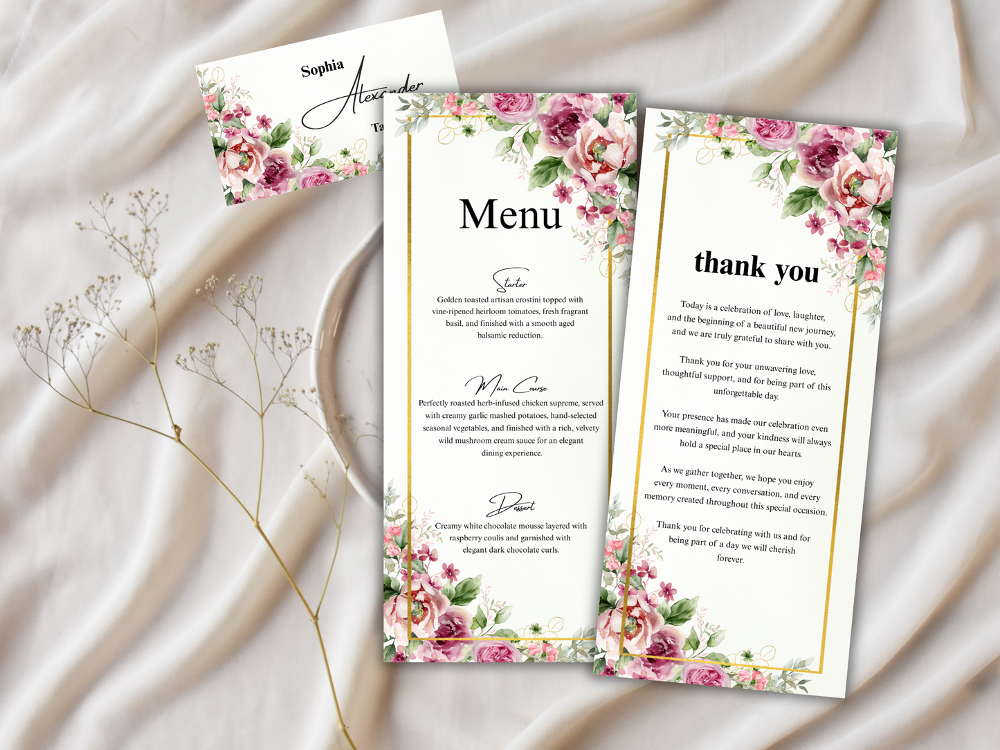 Wedding Menu Card, Table, Thank you, Editable Canva Template, Instant Download MTC412
