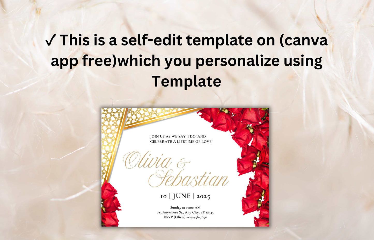 Elegant Red Roses Wedding Invitation - Editable Digital Template for Print - Customizable Romantic Wedding Invitation. WIB74