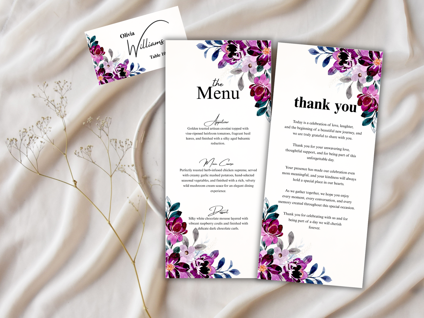 Luxury Wedding Menu Card, Table, Thank you, Editable Canva Template, Instant Download MTC410