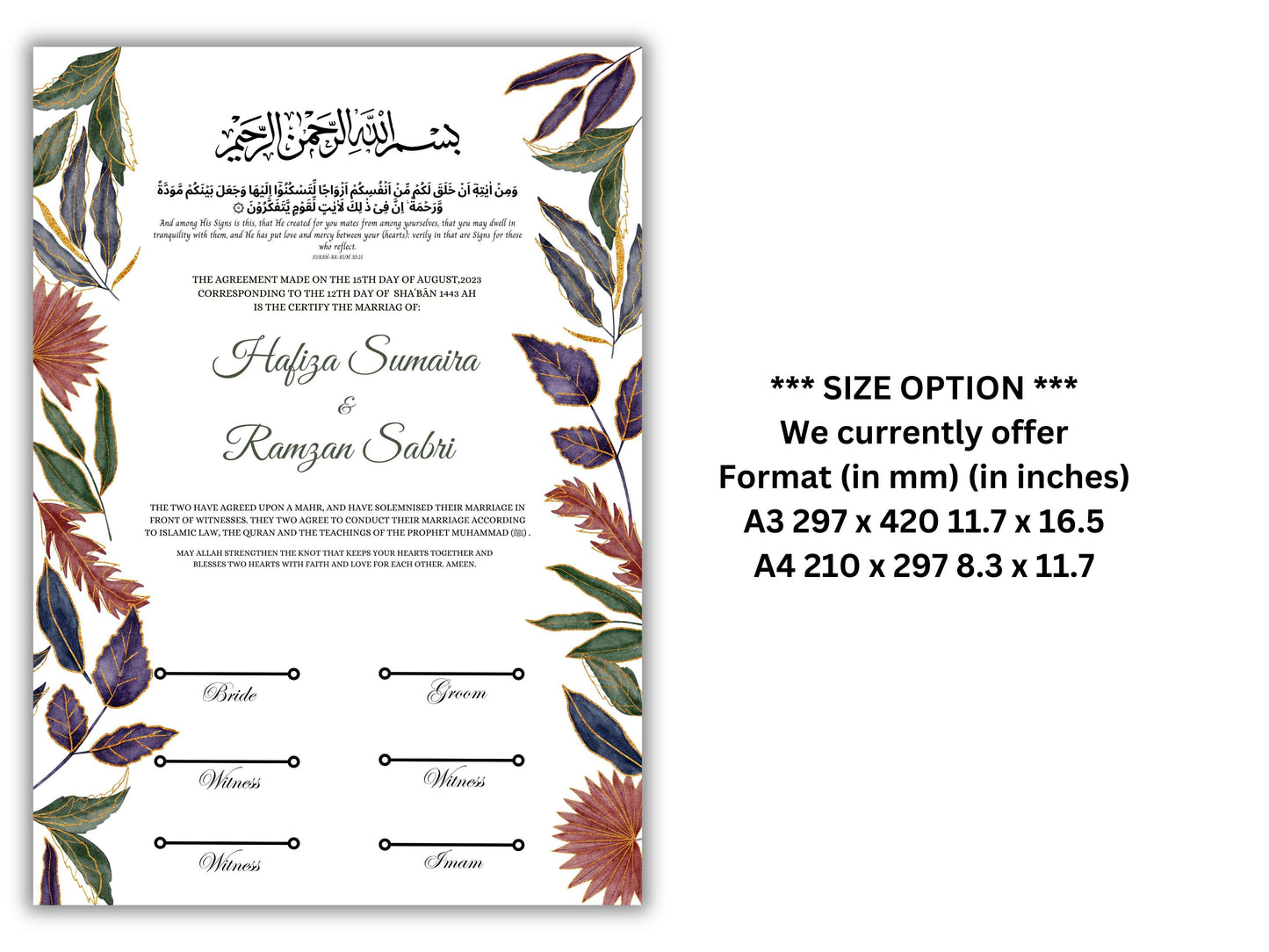 Nikkah Certificate Digital Download Personalised, A4, A3, Template, Editable, Nikkah Contract, Muslim Contract. NN232